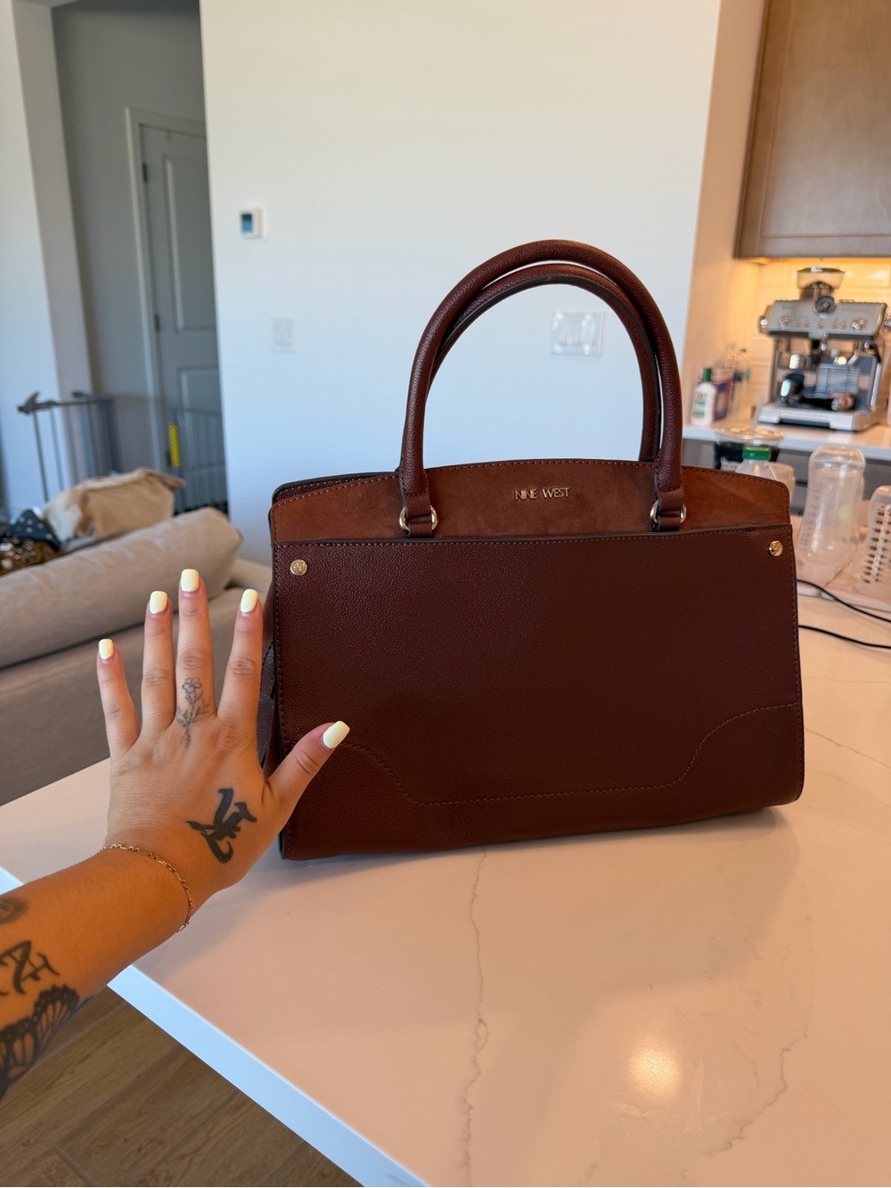 Nine West Deep Brown Structured Satchel with Gold Accents - Picture 4 of 9